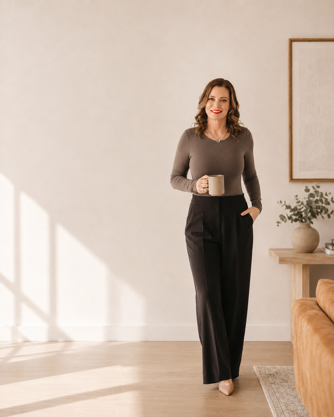 Sally Smith standing with a coffee in a neutral-toned office