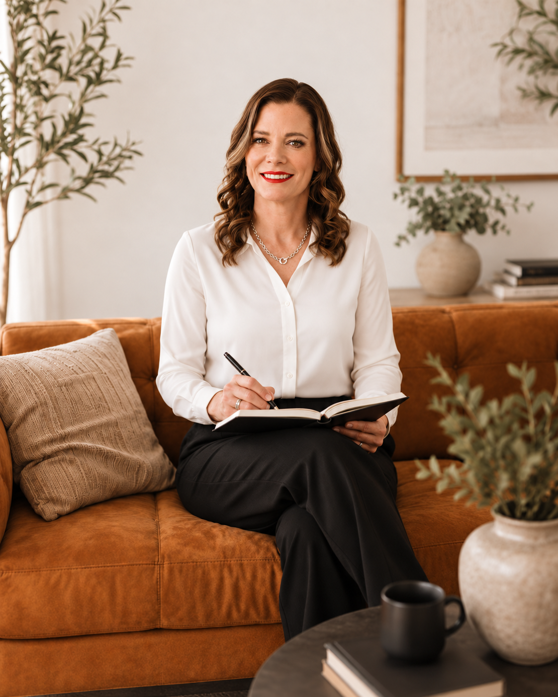 Sally Smith in a white blouse, seated with an open notebook